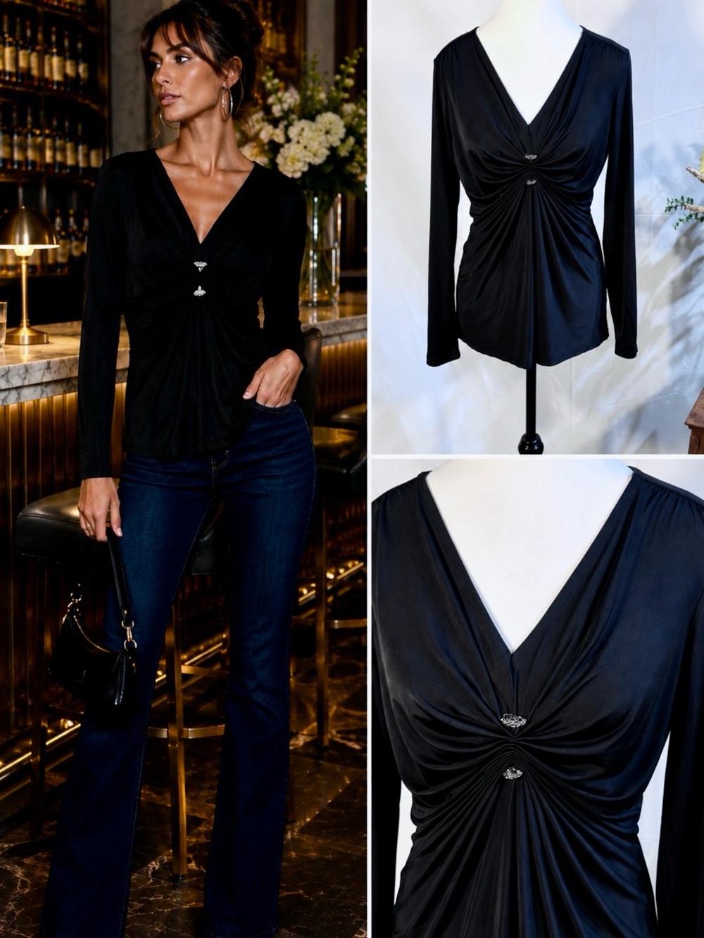 💥Caché Black Jeweled Gathered Drape Front Long Sleeve Y2K Top Sz M🧡